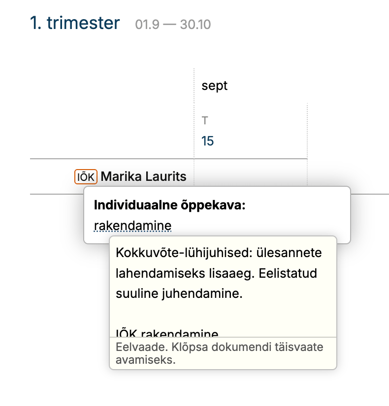 IÕK märge päevikus õpilase nime juures